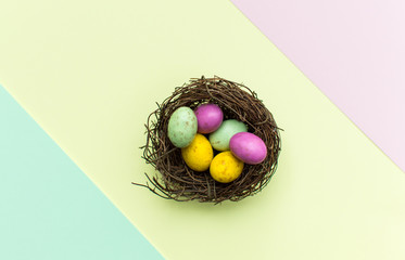 Multi coloured easter egg chocolate in a nest with multi-colour background