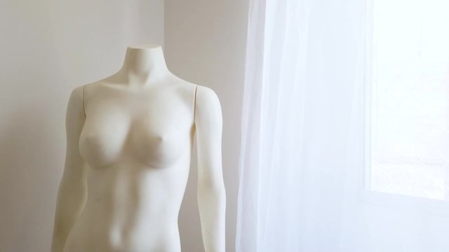 Female mannequin on white background, pan from left to right.