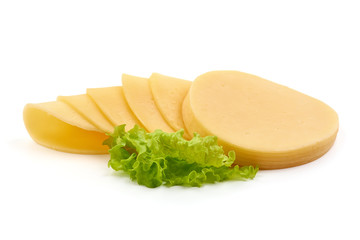 Sliced round cheese, salami cheese, isolated on white background