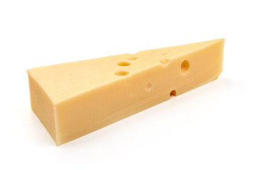 Emmental cheese triangle, isolated on white background