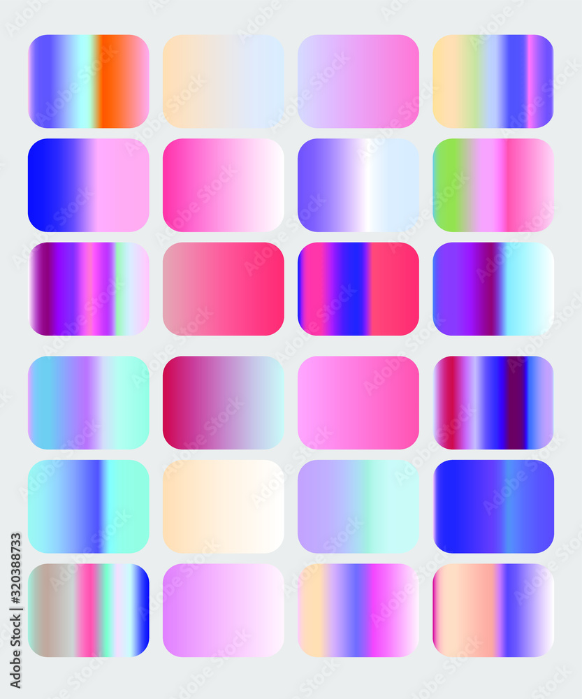 Poster set of iridescent gradient swatches for design. mix of trend colors for 2020 year: opalescent and sh