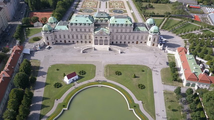 Belvedere Palace aerial panoramic view. Historic architecture in Vienna, Austria. Drone view of Belvedere palace in Vein. Vienna. Wien, Austria.