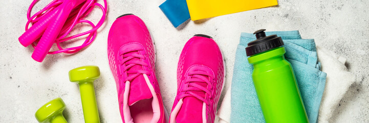 Fitness equipment flat lay image on white background.