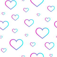 Pink-blue gradient contour hearts seamless pattern. Vector individual elements on white background.