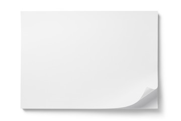 Blank paper sheet with a curved corner on a stack of papers, isolated on white background