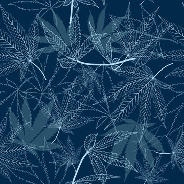 Medical marijuana leaves seamless pattern with contour lines