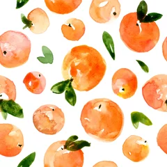 Behang Aquarel fruit Naadloos patroon met vruchten, perziken, abrikozen en groene bladeren