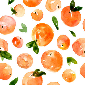 Seamless pattern with fruits peaches, apricots and green leaves