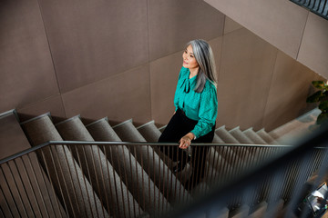 Smiling elegant woman walking up the stairs