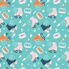 Seamless pattern with roller skates and cassette tapes. Retro hand drawn laced boots, colorful vector illustration