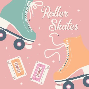Hand drawn illustration with retro roller skates and cassette tapes. Colorful vector illustration