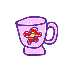 Pink tea cup with a picture of a flower in a deliberately childish style. Child drawing. Sketch imitation painting felt-tip pen or marker. Vector illustration.