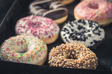 Homemade donuts with different sprinkles in baking tray