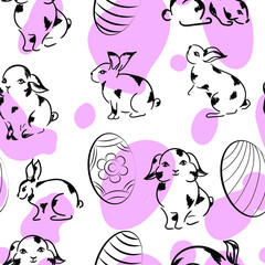 Easter eggs and bunnies vector seamless pattern with pink smears on white background . Concept for print, textile, wallpaper , wrapping paper