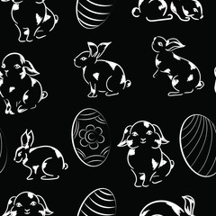 Rabbits, easter eggs vector chalk seamless pattern on black background . Concept for wallpaper wrapping paper , cards 