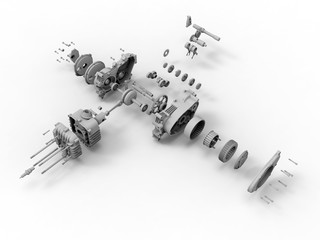 3D rendering - exploded view of a mechanical assembly