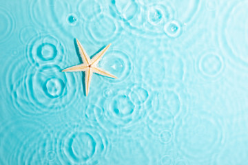 Fototapeta na wymiar Water background. Blue water texture, surface of blue swimming pool and starfish. Spa concept background. Flat lay, top view, copy space