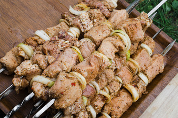 Marinated raw pork skewers with onion rings on skewers. Barbecue With Delicious Grilled Meat.