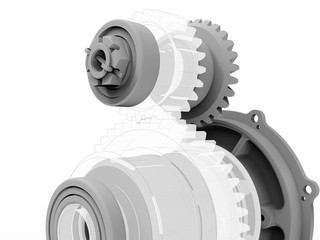 3D rendering - mechanical gear assembly with transparent view