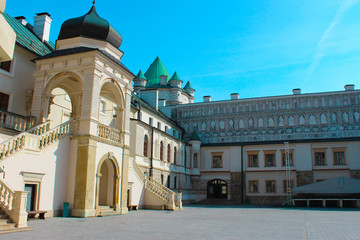 Krasiczyn, Poland - 11 October 2013: A view of the courtyard of Krasicki Castle in Krasiczyn, near Przemysl. The castle was built between 1598 and 1633 in the late Renaissance style.