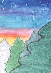 Watercolor illustration of night pine forest with sky of stars and galaxies.