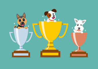 Cartoon character happy dogs with champion trophy set for design.