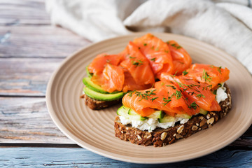 Smoked salmon ricotta cheese  rye sandwich
