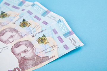 Ukrainian hryvnia, several banknotes of 1000 hryvnias. Financial background from Ukrainian banknotes. Money background. Close-up