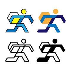 Delivery logo Emblem with running man carrying box. Delivery parcels and goods. Shipping logistics. Abstract element for design. Logo concept. Four versions of logo template. Isolated on white backgro