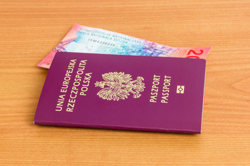 Polish biometric passport with 20 CHF banknote.