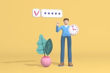 3d rendering character of a young guy, student or businessman holding a watch in his hand and successfully plans to organize work. Abstract minimal trendy cartoon disproportionate body man concept.