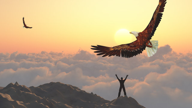 Man on a mountain peak. Eagle flies above clouds. Freedom
