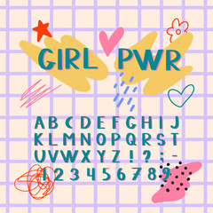Uppercase cute girl power alphabet font. Letters, numbers and symbols. Vector Hand drawn typography for banners, headlines, posters. Modern funny typeface