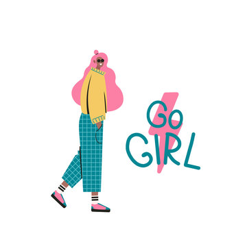 happy cute girl in trendy coat with a backpack walking.woman has inscription girl boss rejoices in life and her success. empowered women, feminism ideas illustration. International womens day concept