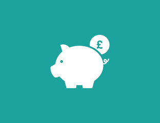 Piggy bank icon, Pound sterling coin vector web icon isolated on green background, EPS 10, top view	