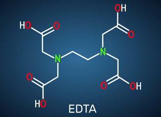 Ethylenediaminetetraacetic acid, edetic acid, EDTA molecule. It is a lead chelator and anti-coagulant. Structural chemical formula on the dark blue background