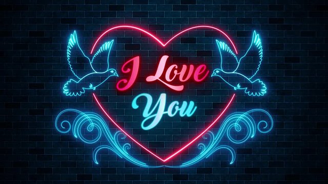 Red And Blue Light I Love You Neon Animation With Doves Flying Heart And Vines Decoration Against Blue Vintage Brick Wall Background Texture, Last 5 Seconds Seamless Loop