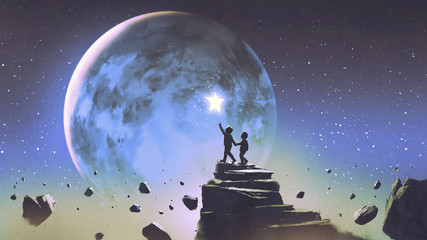 two brothers looking at a little star - obrazy, fototapety, plakaty