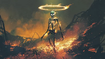 Tafelkleed horrorkarakter van demonskelet met vuurvlammen in hellevuur, digitale kunststijl, illustratie, schilderkunst © grandfailure