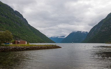 Hellesylt, small village in Norway located close to Geiranger Fjord. July 2019