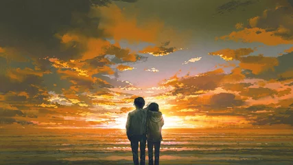 Poster jong koppel kijken naar sunset beach © grandfailure