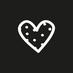 White heart. Love symbol. Abstract hand drawn heart on isolated black background. Black and white illustration. Valentine's day