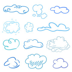 Colorful clouds on isolation background. Sketchy doodles on white. Hand drawn colored illustration