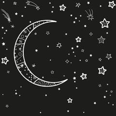 Obraz na płótnie Canvas Crescent moon and stars with abstract patterns. Black and white illustration