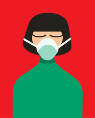 Cute flat simple vector illustration of young Asian woman in protective respiratory face mask. Chinese dangerous Coronavirus epidemic disease in China.