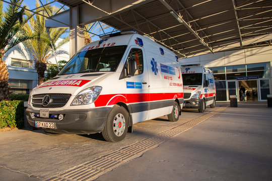 ANTALYA / TURKEY - JANUARY 24, 2020: Turkish ambulans (ambulance) car stands near Airport in Antalya.