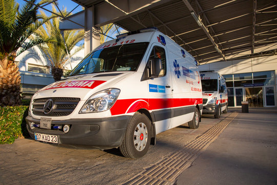 ANTALYA / TURKEY - JANUARY 24, 2020: Turkish ambulans (ambulance) car stands near Airport in Antalya.