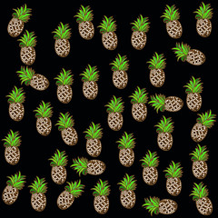  Vector illustration. Abstract bright pattern in the form of drawn colorful pineapples on a black background. Design for wallpapers, covers, printing on textiles and clothing.