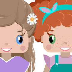 Card with children's friendship girl with girl. Flat vector illustration with happy smiling children