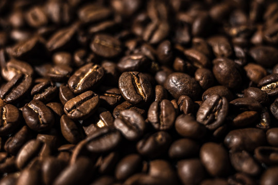 Macro image of coffee beans, small depth of field, selective focus